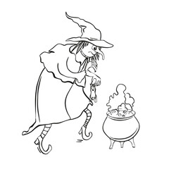 Witch brews a potion. Hand drawn sketch isolated on white background.