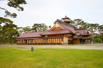 Historical Magistrate's Office at Hakodate Goryokaku fort surrounded by canal from Goryokaku Tower in Hokkaido, Japan - 日本 北海道 函館市 五稜郭 箱館奉行所