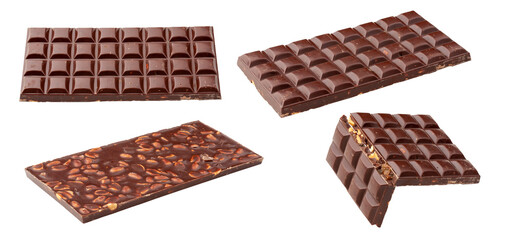 Milk chocolate. Milk chocolate bar with nuts, whole and broken into two pieces.