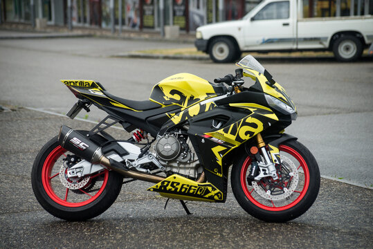 Lutterbach - France - 5 June 2022 - Profile view of Aprilia RS 660 motorbike parked in the street