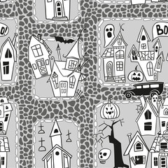 Seamless pattern - Halloween town. Houses, buildings, hearse. Vector illustration