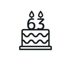 Birthday cake line icon with candle number 63 (sixty-three). Vector.