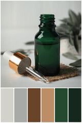 Color palette and bottle of essential oil, dropper and leaves on white table. Collage