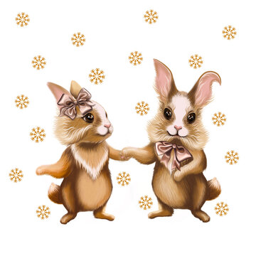 Christmas illustration, two cute bunnies hold each other's paws on a white background and snowflakes. Postcard, banner Happy New Year 2023. 