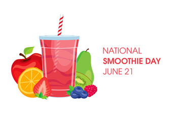 National Smoothie Day vector. Fresh pink smoothie in a plastic cup vector. Healthy fruit juice mix icon vector. Disposable cup of juice with straw and a pile of fruits vector. June 21. Important day