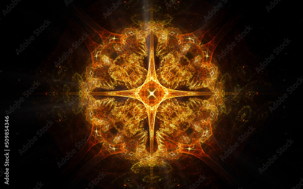 Fototapete abstract illustration of a computer generated fantastic emblem in various shapes and shades on a bla