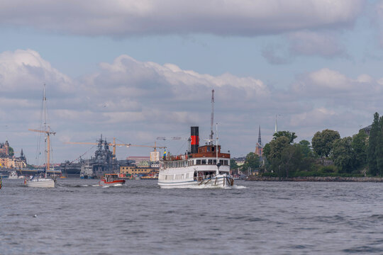 Steam boat Gustafsberg Vll leaving for the archipelago a sunny summer day in Stockholm
