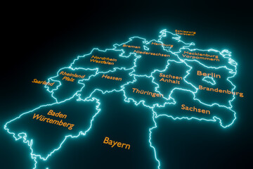 Illuminated map of Germany. Map of Germany and the federal states. States border in blue neon light. Country and politics banner. 3D Illustration - obrazy, fototapety, plakaty