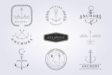 set of anchor of sailor badges vector illustration design for logo, print, apparel, shirt, icon, label. various of collection bundle wave ocean pirate nautical icon with line art and tattoo style © Lodzrov