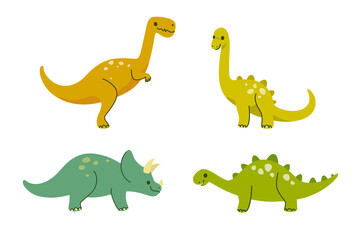 Cartoon animal characters. Set of dinosaurs - ceratops, parasaurolophus, brachiosaurus, tyrannosaur.