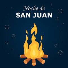 Noche de San Juan (St John's Eve). Greeting card or festive poster with bonfire. Vector illustration on dark background.(Spanish translation: Night of Saint John).