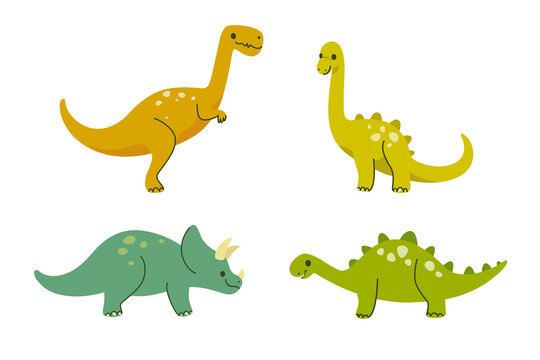 Cartoon animal characters. Set of dinosaurs - ceratops, parasaurolophus, brachiosaurus, tyrannosaur.