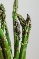 Bunch of fresh green asparagus close up on a white background.