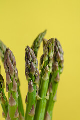 Bunch of fresh green asparagus close up on a yellow background. Healthy eating concept.