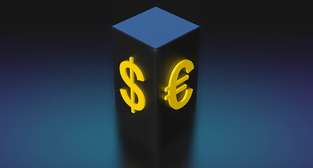 Dollar and euro signs concept. Yellow euro and dollar on a pole. 3D render illustration.