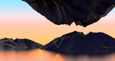 Rocks landscape on sunset background. Nature mountains sunset landscape wallpaper. 3D render illustration.