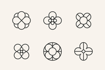 Flower design element. Set of 6 geometric shape. Modern linear design emblem.  Modern abstract linear compositions and graphic design elements.