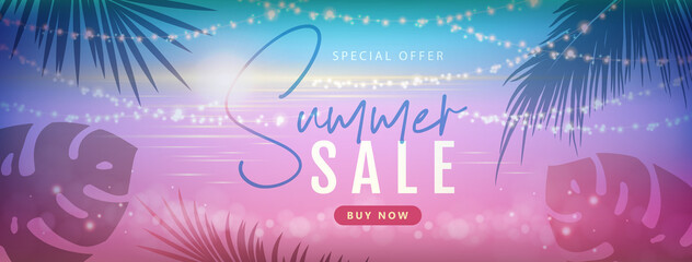Summer big sale poster with tropic leaves and string of lights. Summer party background. Vector illustration