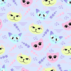 Pattern. Funny muzzles of cats. Gentle and fun for kids. Use for wall printing, pillows, children's interior decoration, children's clothing and shirts