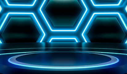 Sci Fi Dark Lights futuristic circles Stage with Hexagon Neon Glowing background. 3D Rendering.