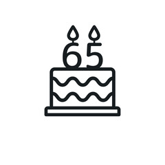 Birthday cake line icon with candle number 65 (sixty-five). Vector.