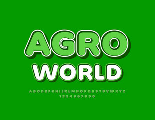 Vector eco Poster Agro World. Bright Green Font. Artistic Alphabet Letters and Numbers set