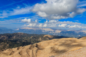 View of the Taurus mountains from a top of Tahtali mountain near Kemer, Antalya Province in Turkey