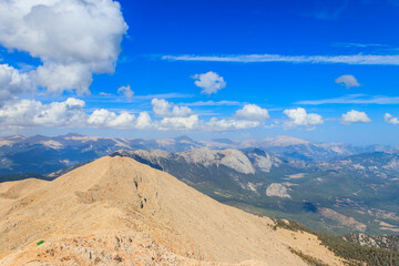 View of the Taurus mountains from a top of Tahtali mountain near Kemer, Antalya Province in Turkey