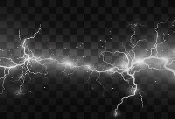Realistic lightning bolts on a black transparent background. the charge of energy is powerful.Accumulation of electric orange and blue charges.A natural phenomenon. Magic effect. Lightning PNG.