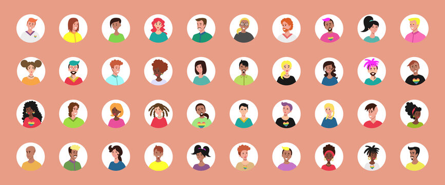 Set of 40 circled avatars with the faces of young people. Image of different different races and nationalities, women and men. Set of user profile icons. Round badges with happy people - Vector