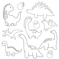 Vector set of hand drawn dinosaurs. Clipart set. Line style. Dino and dinosaur eggs.
Cute dinosaurs set. Lovely vector collection of animals for the coloring book or page for kids and adults.