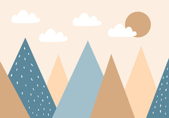 Mountains, sun and clouds. For children's wallpapers, decor, web banners, posters. Vector illustration. Children's wallpaper. Hand drawn in scandinavian style. Mountain landscape.