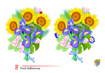 Find 8 differences. Illustration of a bouquet of flowers. Logic puzzle game for children and adults. Page for kids brain teaser book. Developing counting skills. IQ test. Play online. Vector image.