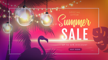 Summer big sale poster with tropic leaves and string of lights. Summer party background. Vector illustration © annbozhko