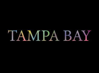 Fototapeta na wymiar Rainbow filled text spelling out Tampa Bay with a black background 