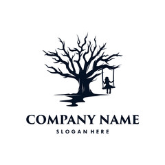 Little girl swinging under the tree in logo design
