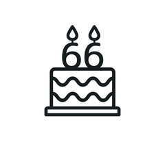 Birthday cake line icon with candle number 66 (sixty-six). Vector.