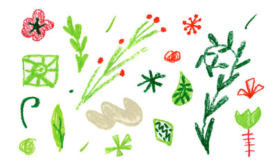 Set of illustrations drawn with wax crayons for the New Year on white isolated background.Christmas,holiday,children's collection of oil pastels in doodle style.Design for postcards,posters,stickers.