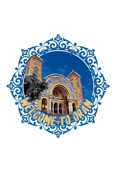 Sacred Heart Cathedral of Oran, a coastal city of Algeria, Artistic blue ornaments illustration for postcards, logo, stickers , prints, tourism, and others.