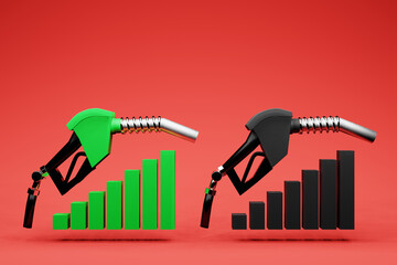 Fuel Petrol Price increases on unleaded and diesel. Gas Nozzle, 3D Illustration - obrazy, fototapety, plakaty