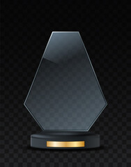 Award trophy concept. Unusual polygon made of glass on golden stand. Award for winners in competition, achievement of success and motivation. Shelf decoration. Realistic isometric vector illustration