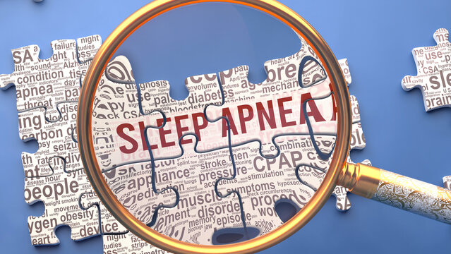 Sleep apnea as a complex and multipart topic under close inspection. Complexity shown as matching puzzle pieces defining dozens of vital ideas and concepts about Sleep apnea,3d illustration