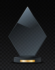Award trophy concept. Unusual polygon made of glass on golden stand. Stylish cup for winners of competition. Achievement and reward. Prize for best employee. Realistic isometric vector illustration