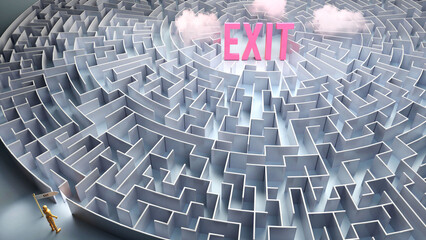 Exit and a difficult path, confusion and frustration in seeking it, hard journey that leads to Exit,3d illustration