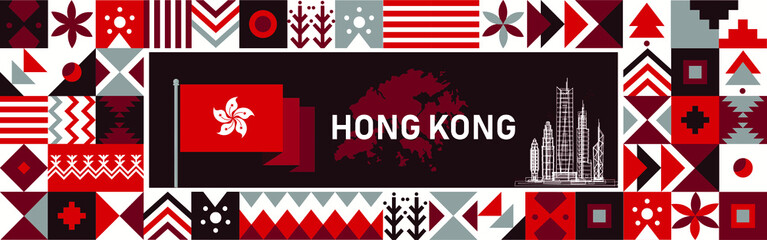 Hong Kong national day banner with map, flag colors theme background and geometric abstract retro modern red white design. Hong Kong landmarks. Cultural pattern. Vector Illustration.