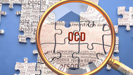 Ocd as a complex and multipart topic under close inspection. Complexity shown as matching puzzle pieces defining dozens of vital ideas and concepts about Ocd,3d illustration