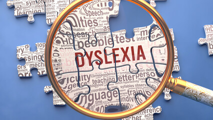 Dyslexia as a complex and multipart topic under close inspection. Complexity shown as matching puzzle pieces defining dozens of vital ideas and concepts about Dyslexia,3d illustration - obrazy, fototapety, plakaty