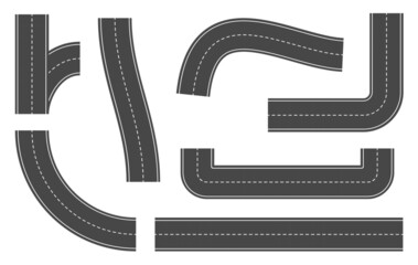 Set of road / road lanes with road stripes, vector illustration. Curved and straight road elements.