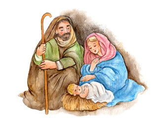 Obraz premium Hand painted watercolor on paper representing the birth of jesus