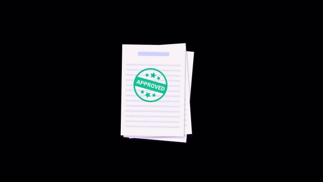 Documents animation ALPHA channel. Approved stamp on documents. contract, agreement, loan, credit paper. Job application. 2d flat design, animated stock video. motion graphics, transparent background